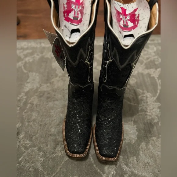 TANNER MARK COWBOY BOOTS 9.5 Black/white Shimmery Western Cowboy Boots NEW - Picture 3 of 13